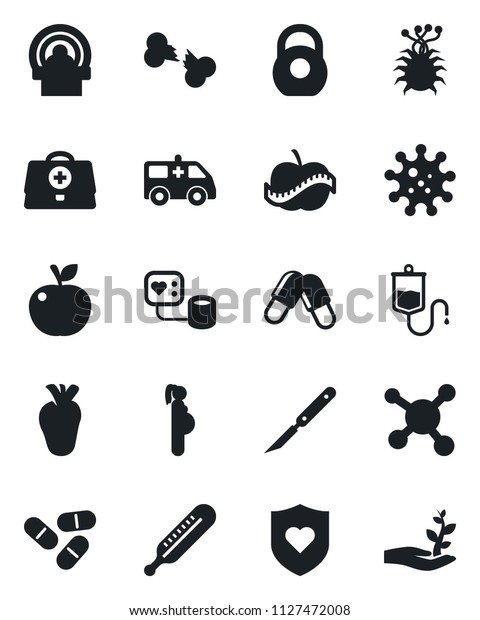 Set of vector isolated black icon - doctor case\
vector, blood pressure, dropper, thermometer, pills, scalpel,\
tomography, ambulance car, heart shield, real, broken bone, diet,\
pregnancy, virus