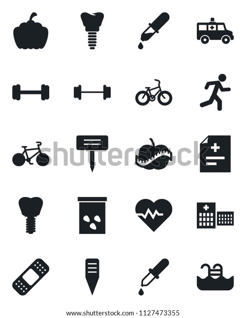 Set of vector\
isolated black icon - plant label vector, pumpkin, seeds, heart\
pulse, diagnosis, dropper, patch, ambulance car, barbell, bike,\
run, implant, diet, hospital,\
pool