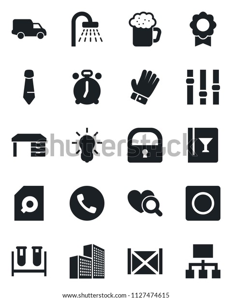 Set of vector isolated black icon - alarm clock\
vector, phone, shower, desk, tie, glove, blood test vial, heart\
diagnostic, car delivery, container, settings, record, lock,\
sertificate, wine card