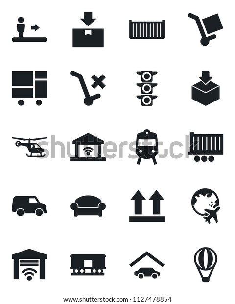 Set of vector isolated black icon - train vector,\
escalator, waiting area, helicopter, plane globe, traffic light,\
truck trailer, cargo container, consolidated, up side sign, no\
trolley, package