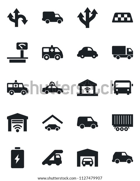 Set of vector\
isolated black icon - taxi vector, airport bus, alarm car, ladder,\
ambulance, route, truck trailer, delivery, heavy scales, garage,\
gate control, battery