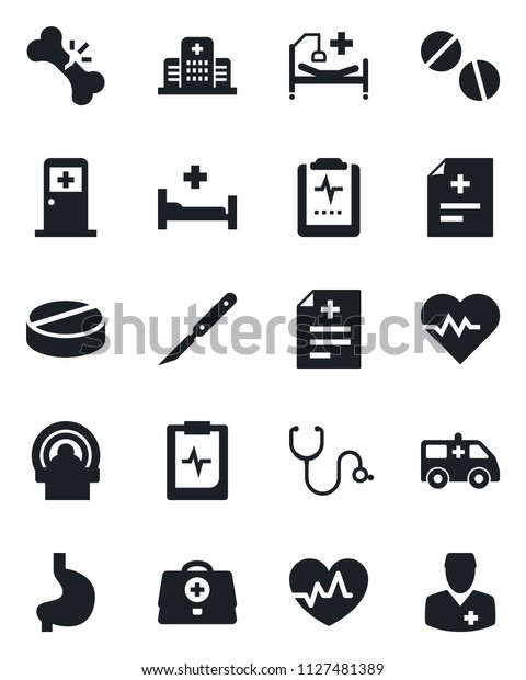 Set of vector isolated black icon - medical\
room vector, heart pulse, doctor case, diagnosis, stethoscope,\
pills, scalpel, tomography, ambulance car, hospital bed, stomach,\
broken bone, clipboard