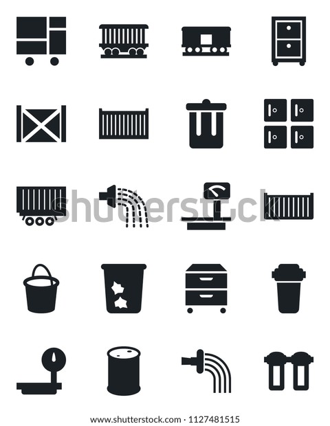 Set of vector isolated black icon - trash bin\
vector, checkroom, bucket, watering, railroad, truck trailer, cargo\
container, consolidated, oil barrel, heavy scales, archive box,\
water filter