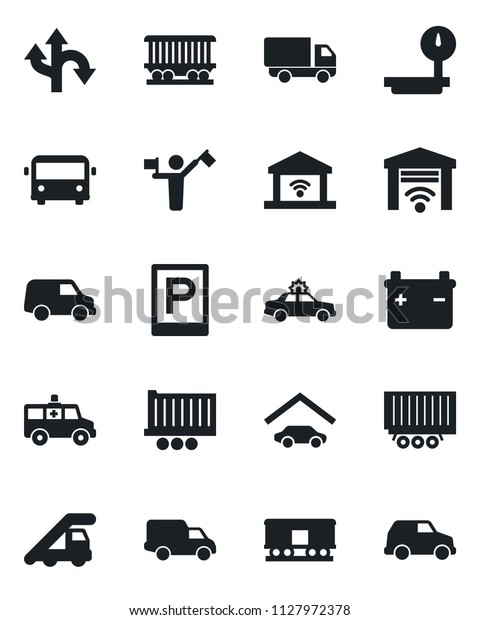 Set of vector isolated black icon - dispatcher\
vector, airport bus, parking, alarm car, ladder, ambulance, route,\
railroad, truck trailer, delivery, heavy scales, garage, gate\
control, battery