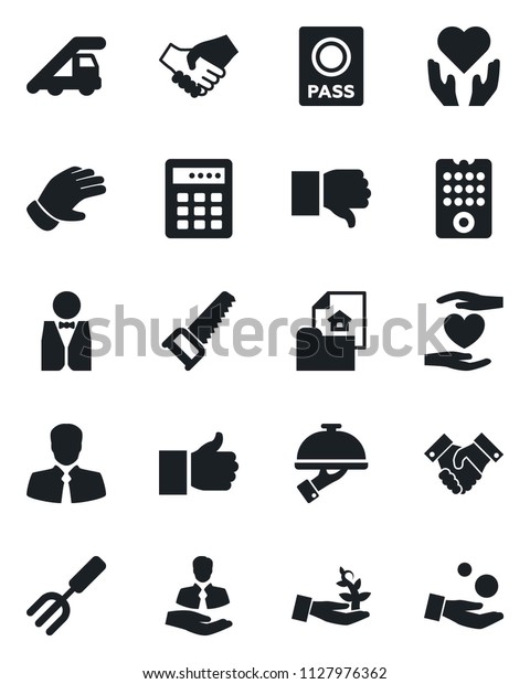 Set of vector isolated black icon - passport vector,
ladder car, garden fork, glove, saw, heart hand, client, finger up,
down, handshake, estate document, waiter, remote control,
combination lock
