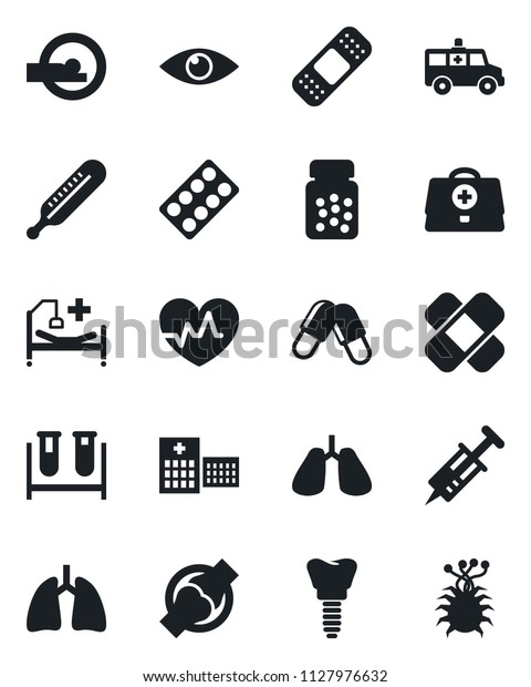 Set of vector isolated black icon - heart pulse\
vector, doctor case, syringe, blood test vial, thermometer, pills,\
bottle, blister, patch, tomography, ambulance car, hospital bed,\
lungs, implant