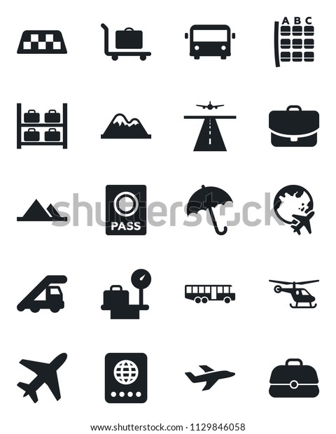 Set of vector isolated black icon - plane vector,\
runway, taxi, baggage trolley, airport bus, umbrella, passport,\
ladder car, helicopter, seat map, luggage storage, scales, globe,\
mountains, case
