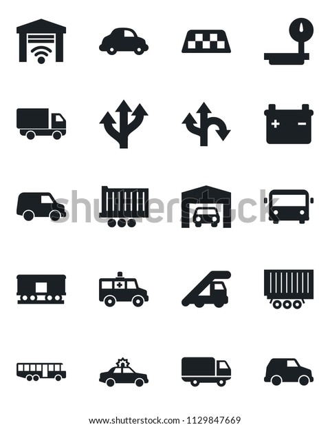 Set of\
vector isolated black icon - taxi vector, airport bus, alarm car,\
ladder, ambulance, route, truck trailer, delivery, heavy scales,\
railroad, garage, gate control,\
battery