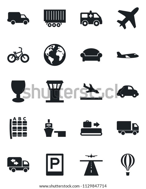 Set of vector isolated black icon - plane vector,\
airport tower, runway, arrival, baggage conveyor, parking, waiting\
area, seat map, ambulance car, bike, earth, truck trailer,\
delivery, sea port