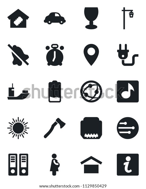 Set of vector isolated black icon - alarm clock\
vector, sun, office binder, axe, garden light, pregnancy, pin, sea\
shipping, car delivery, fragile, warehouse storage, network, low\
battery, hdmi