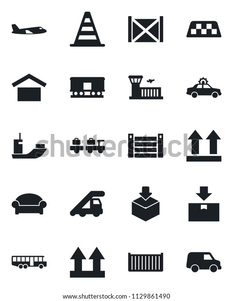 Set of vector isolated black icon - taxi vector,\
airport bus, waiting area, alarm car, baggage larry, ladder, border\
cone, plane, building, sea shipping, cargo container, warehouse\
storage, package