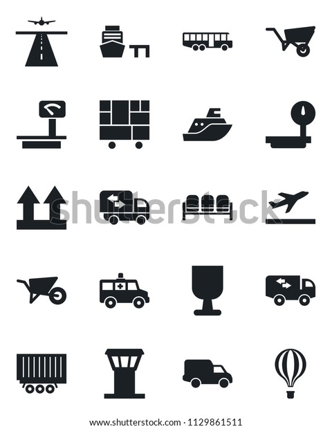 Set of vector isolated black icon - airport tower\
vector, runway, departure, bus, waiting area, wheelbarrow,\
ambulance car, sea shipping, truck trailer, delivery, port,\
consolidated cargo,\
fragile