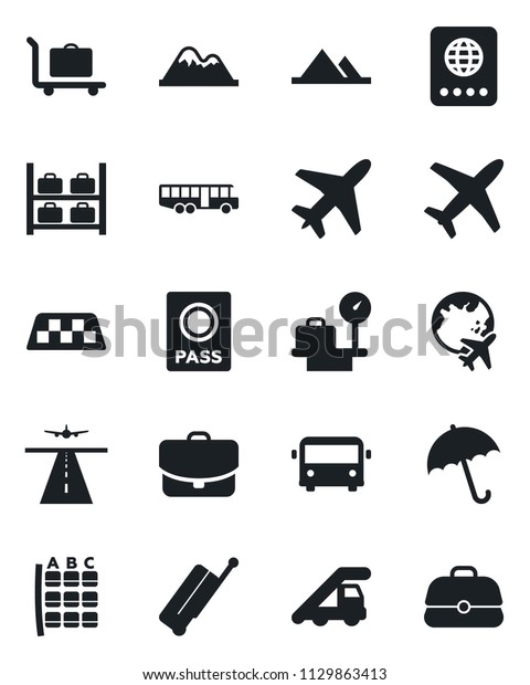 Set of vector isolated black icon - plane vector,\
runway, taxi, suitcase, baggage trolley, airport bus, umbrella,\
passport, ladder car, seat map, luggage storage, scales, globe,\
mountains, case