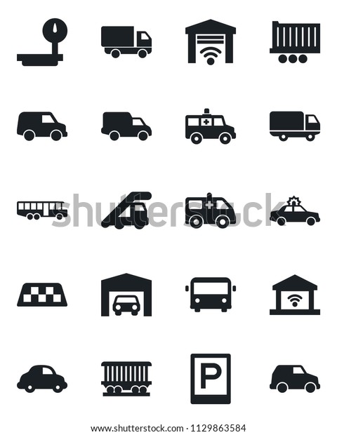 Set of vector isolated\
black icon - taxi vector, airport bus, parking, alarm car, ladder,\
ambulance, railroad, truck trailer, delivery, heavy scales, garage,\
gate control