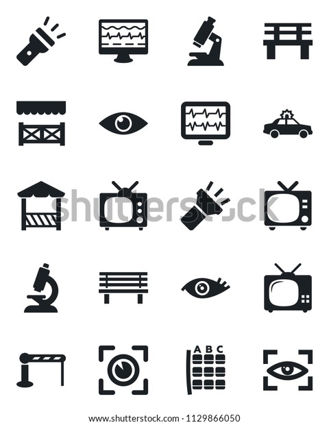Set of vector isolated black icon - barrier vector,\
tv, alarm car, seat map, bench, monitor pulse, microscope, eye,\
torch, alcove, scan