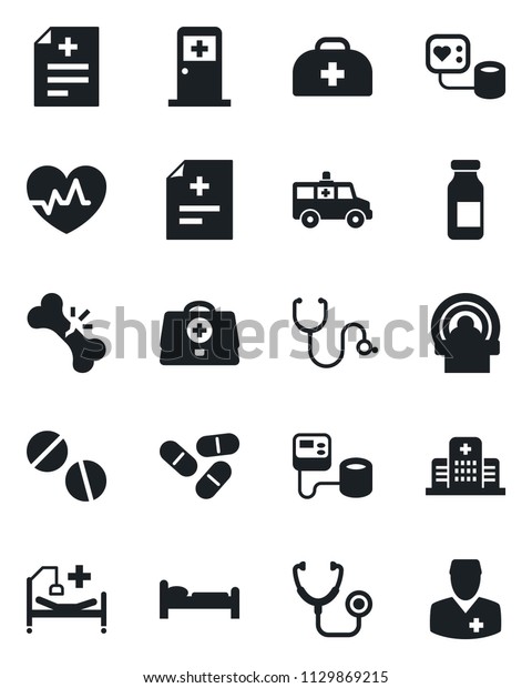 Set of vector isolated black icon - bed vector,\
medical room, heart pulse, doctor case, diagnosis, stethoscope,\
blood pressure, pills, ampoule, tomography, ambulance car,\
hospital, broken bone