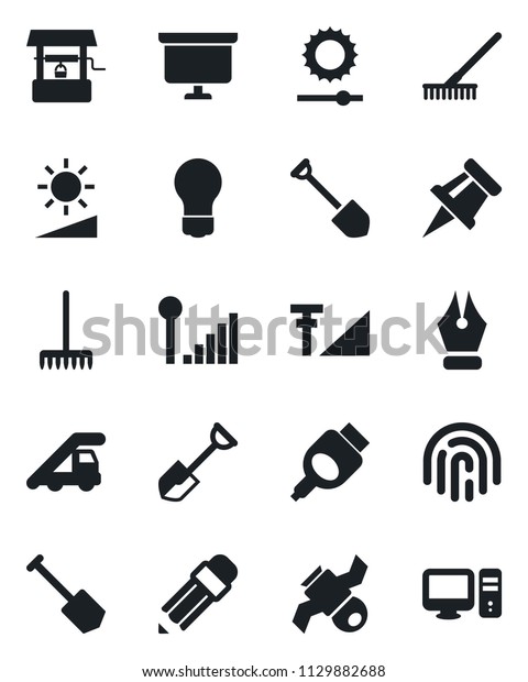 Set of vector isolated black icon - ladder car\
vector, presentation board, bulb, job, shovel, rake, well,\
satellite, hdmi, brightness, fingerprint id, cellular signal,\
drawing pin, ink pen,\
pencil
