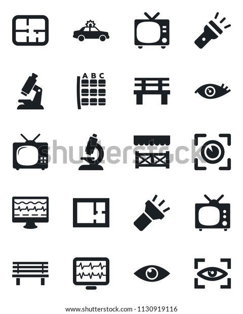 Set of vector isolated black icon - tv vector, alarm
car, seat map, bench, monitor pulse, microscope, eye, torch, plan,
alcove, scan