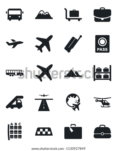 Set of vector isolated black icon - plane vector,\
runway, taxi, suitcase, baggage trolley, airport bus, passport,\
ladder car, helicopter, seat map, luggage storage, globe,\
mountains, case