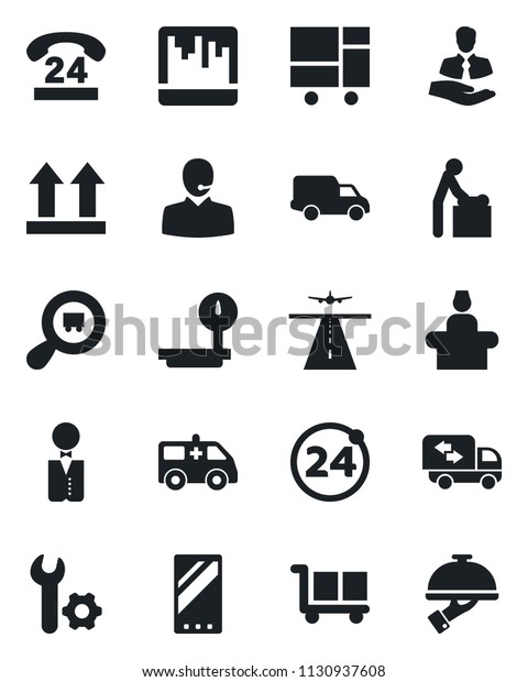 Set of vector isolated black icon - runway\
vector, 24 around, baby room, reception, ambulance car, hours,\
client, delivery, consolidated cargo, up side sign, heavy scales,\
search, mobile, scanner