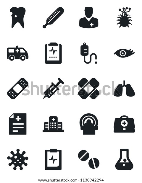 Set of vector isolated black icon - doctor case\
vector, diagnosis, syringe, dropper, thermometer, pills, patch,\
tomography, ambulance car, lungs, caries, eye, pulse clipboard,\
hospital, virus, flask