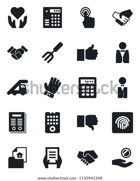 Set of vector isolated black icon - ladder car\
vector, document, garden fork, glove, heart hand, touch screen,\
finger up, down, fingerprint id, handshake, contract, estate,\
waiter, remote control