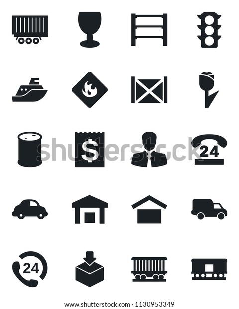 Set of vector isolated black icon - railroad vector,\
traffic light, 24 hours, client, sea shipping, truck trailer, car\
delivery, receipt, container, fragile, warehouse storage, tulip,\
package, rack