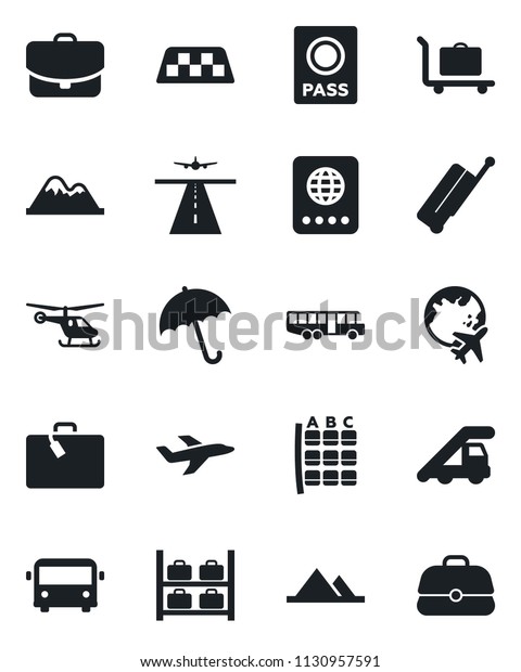 Set of vector isolated black icon - runway vector,\
taxi, suitcase, baggage trolley, airport bus, umbrella, passport,\
ladder car, helicopter, seat map, luggage storage, plane globe,\
mountains, case