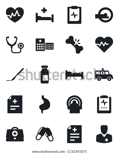 Set of vector isolated black icon - bed vector,\
heart pulse, doctor case, diagnosis, stethoscope, pills, ampoule,\
scalpel, tomography, ambulance car, hospital, stomach, broken bone,\
clipboard