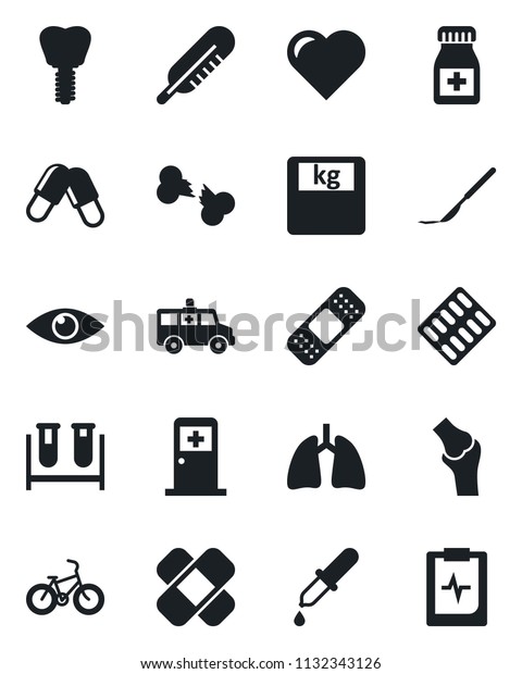 Set of vector isolated black icon - medical room\
vector, heart, blood test vial, dropper, thermometer, scales,\
pills, bottle, blister, scalpel, patch, ambulance car, bike, lungs,\
implant, eye, joint