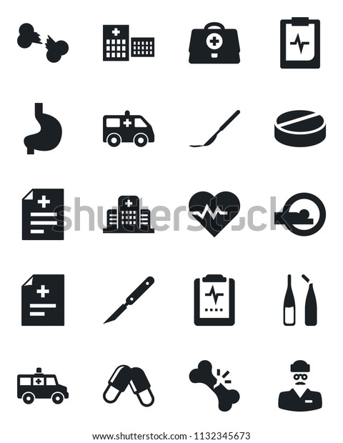 Set of vector\
isolated black icon - heart pulse vector, doctor case, diagnosis,\
pills, ampoule, scalpel, tomography, ambulance car, stomach, broken\
bone, clipboard, hospital