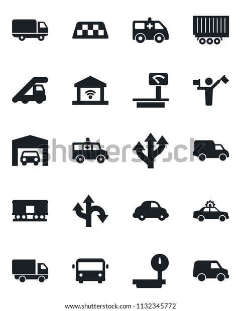 Set of\
vector isolated black icon - dispatcher vector, taxi, airport bus,\
alarm car, ladder, ambulance, route, truck trailer, delivery, heavy\
scales, railroad, garage, gate\
control