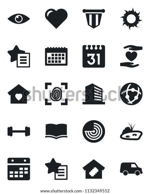 Set of vector isolated black icon - radar vector,\
office building, book, pennant, sun, heart, barbell, hand, eye,\
favorites list, network, calendar, pond, sweet home, smart,\
fingerprint, car