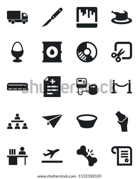 Set of vector isolated black icon - fence\
vector, departure, circle chart, diagnosis, blood pressure,\
scalpel, joint, broken bone, car delivery, oil barrel, scanner,\
cut, manager desk,\
hierarchy