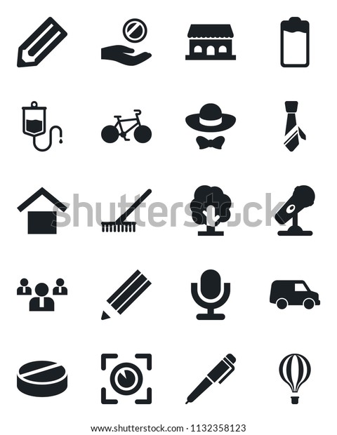 Set of vector isolated black icon - team vector,\
pencil, rake, tree, dropper, pills, bike, warehouse storage,\
microphone, battery, tie, pen, cafe building, dress code, eye scan,\
investment, car