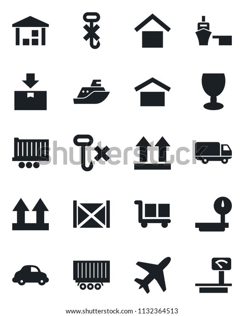 Set\
of vector isolated black icon - plane vector, sea shipping, truck\
trailer, car delivery, port, container, fragile, cargo, warehouse\
storage, up side sign, no hook, package, heavy\
scales