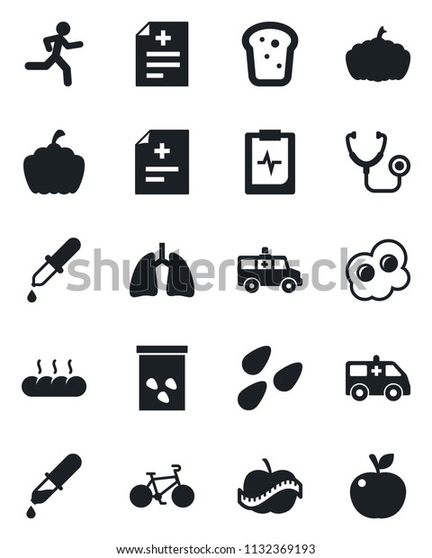 Set of\
vector isolated black icon - pumpkin vector, seeds, diagnosis,\
stethoscope, dropper, ambulance car, bike, run, lungs, pulse\
clipboard, diet, bread, omelette, apple\
fruit