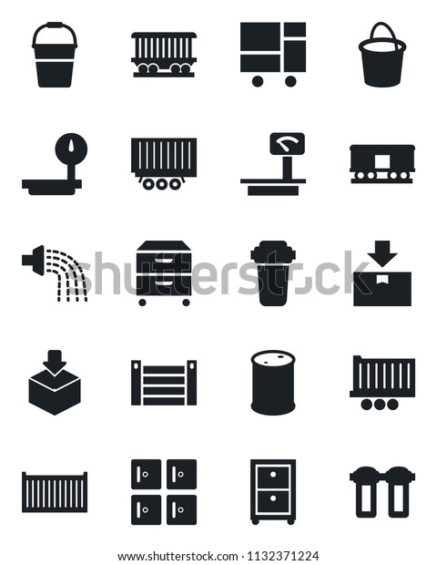 Set
of vector isolated black icon - checkroom vector, bucket, watering,
railroad, truck trailer, cargo container, consolidated, package,
oil barrel, heavy scales, archive box, water
filter