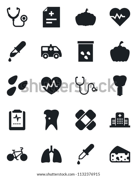 Set of\
vector isolated black icon - pumpkin vector, seeds, heart pulse,\
diagnosis, stethoscope, dropper, patch, ambulance car, bike, lungs,\
caries, implant, clipboard, hospital,\
cheese