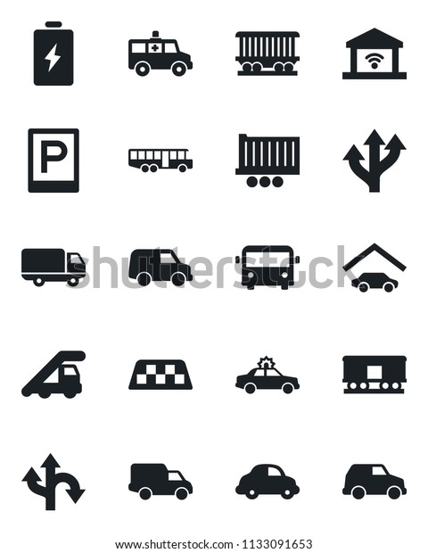 Set of vector\
isolated black icon - taxi vector, airport bus, parking, alarm car,\
ladder, ambulance, route, railroad, truck trailer, delivery,\
garage, gate control,\
battery