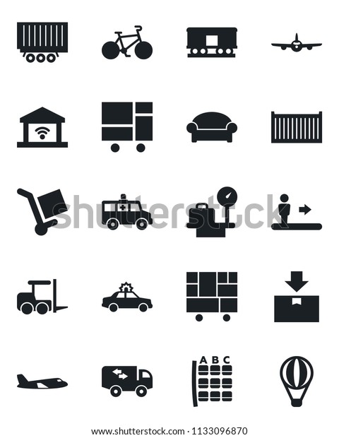 Set of vector isolated black icon - escalator
vector, waiting area, alarm car, fork loader, plane, seat map,
luggage scales, ambulance, bike, truck trailer, cargo container,
consolidated, package