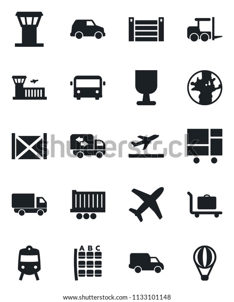Set of vector isolated black icon - airport tower\
vector, departure, baggage trolley, bus, train, fork loader, seat\
map, building, earth, plane, truck trailer, car delivery,\
container, fragile