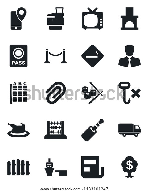 Set of vector isolated black icon - fence vector,\
smoking place, passport, seat map, abacus, fireplace, client,\
mobile tracking, car delivery, sea port, no hook, tv, jack\
connector, paper clip,\
news