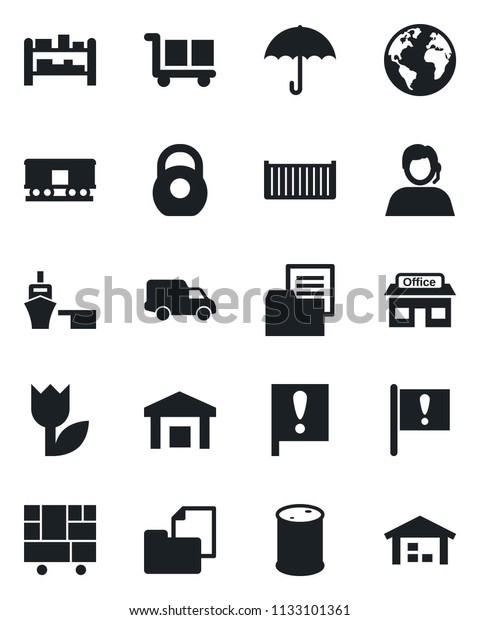 Set of vector isolated black icon - earth vector,\
important flag, store, support, cargo container, car delivery, sea\
port, consolidated, folder document, umbrella, tulip, warehouse,\
heavy, rack