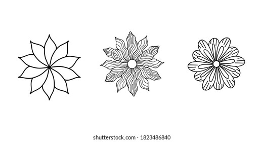 Set of vector isolated black line flowers on a white background. Logo for bakery, spa salon, hairdresser, beauty salon. Graceful flowers for design. Thin black line and circle ornament.