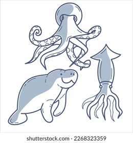 Set of vector isolated blue line illustrations of sea creatures with part fill.