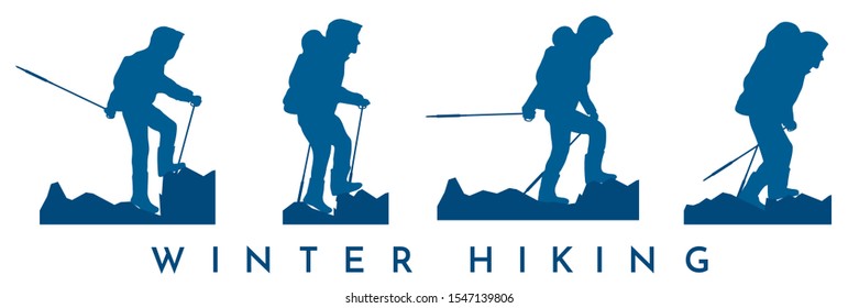 Set of vector isolated blue silhouettes.  Travel concept of discovering, exploring and observing nature. Winter hiking. Adventure tourism.
Traveler walks with backpack and travel walking sticks