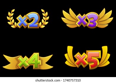Set vector isolated bonus number for online casino. Gold reward for the game. Bonus icons with ribbons.