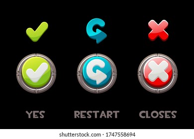 Set of vector isolated buttons and icons yes, restart, close. A collection of metal buttons for the user interface.