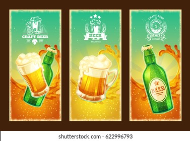 Set of vector isolated cartoon banners with beer glasses and glass bottle. Excellent advertising posters